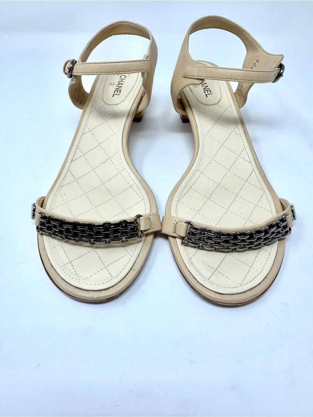 Chanel Nude Tan Beige Chain and Pearl Ankle Strap Quilted Heeled Sandals